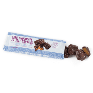 Dark Chocolate Sea Salt Caramel bar with creamy caramel covered in dark chocolate and sprinkled with sea salt.