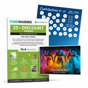 Professional fundraising marketing materials displayed on a clean white background, including a promotional fundraising flyer, contribution tracker poster, and customizable sports fundraising card. High-resolution print collateral showcasing modern fundraising resources for schools, sports teams, clubs, and community organizations.