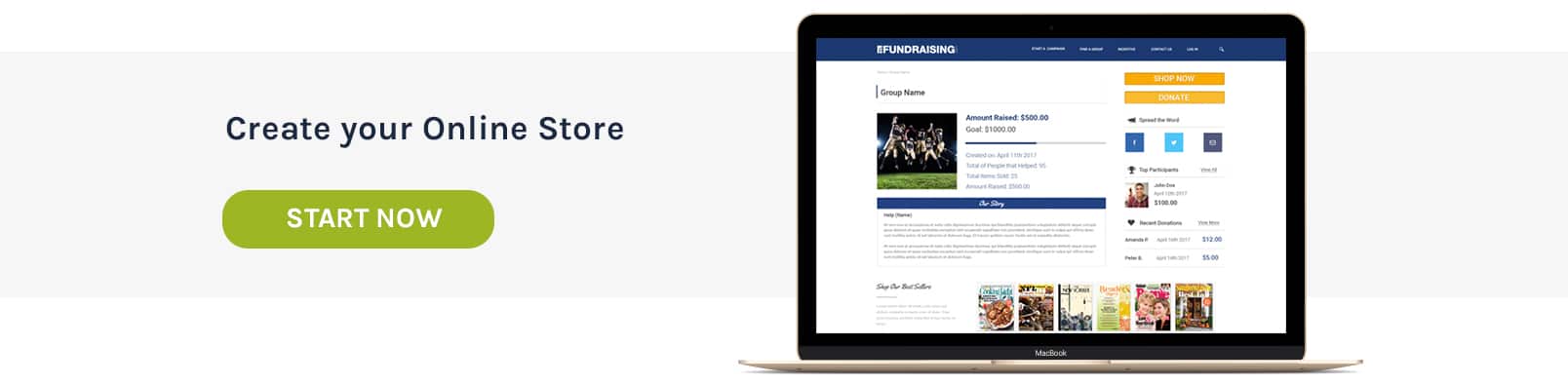 Laptop displaying an online fundraising store interface with a 'Create your Online Store' call-to-action.