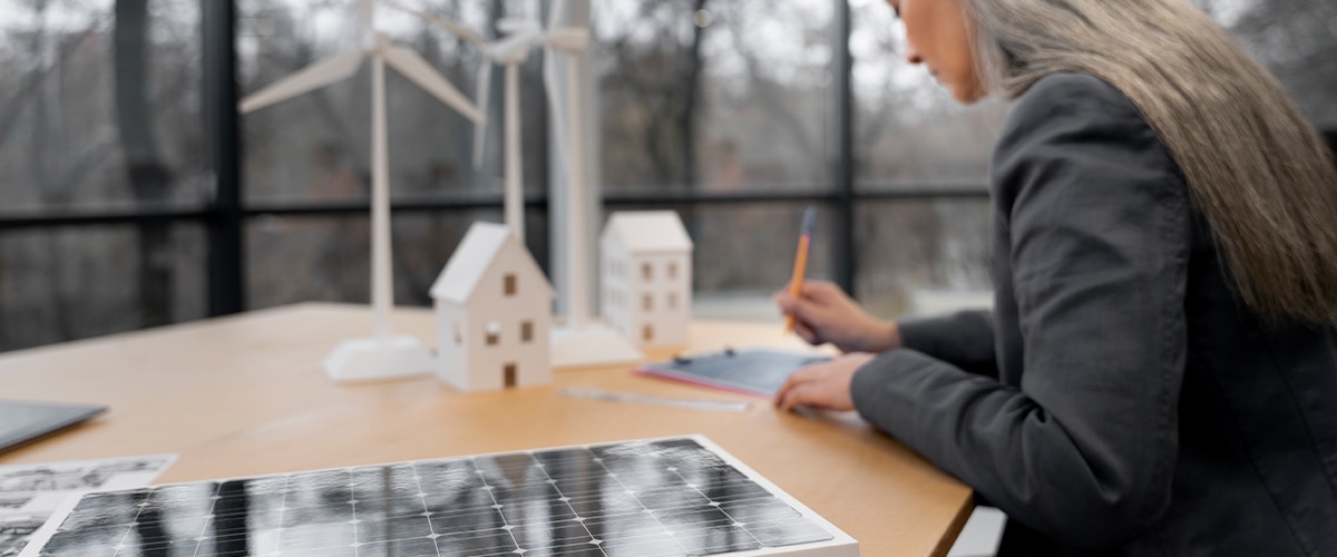 Businesswoman planning alternative energy projects, working with solar panels and wind turbine models on a desk.