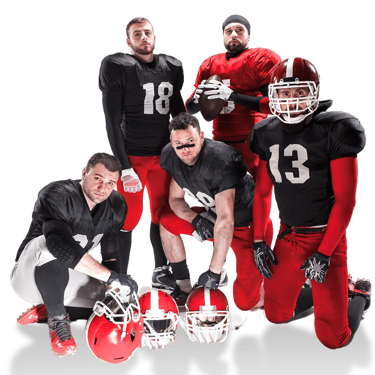 A group of five American football players wearing black and red uniforms, posed confidently, with one holding a football.