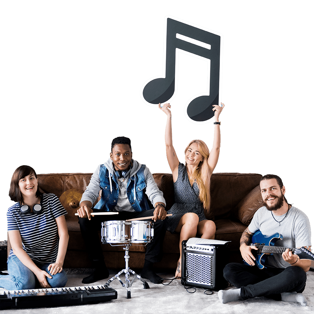 A group of four musicians sitting in a casual setting with their instruments, including a keyboard, drum kit, and electric guitar, with one holding music note symbols.