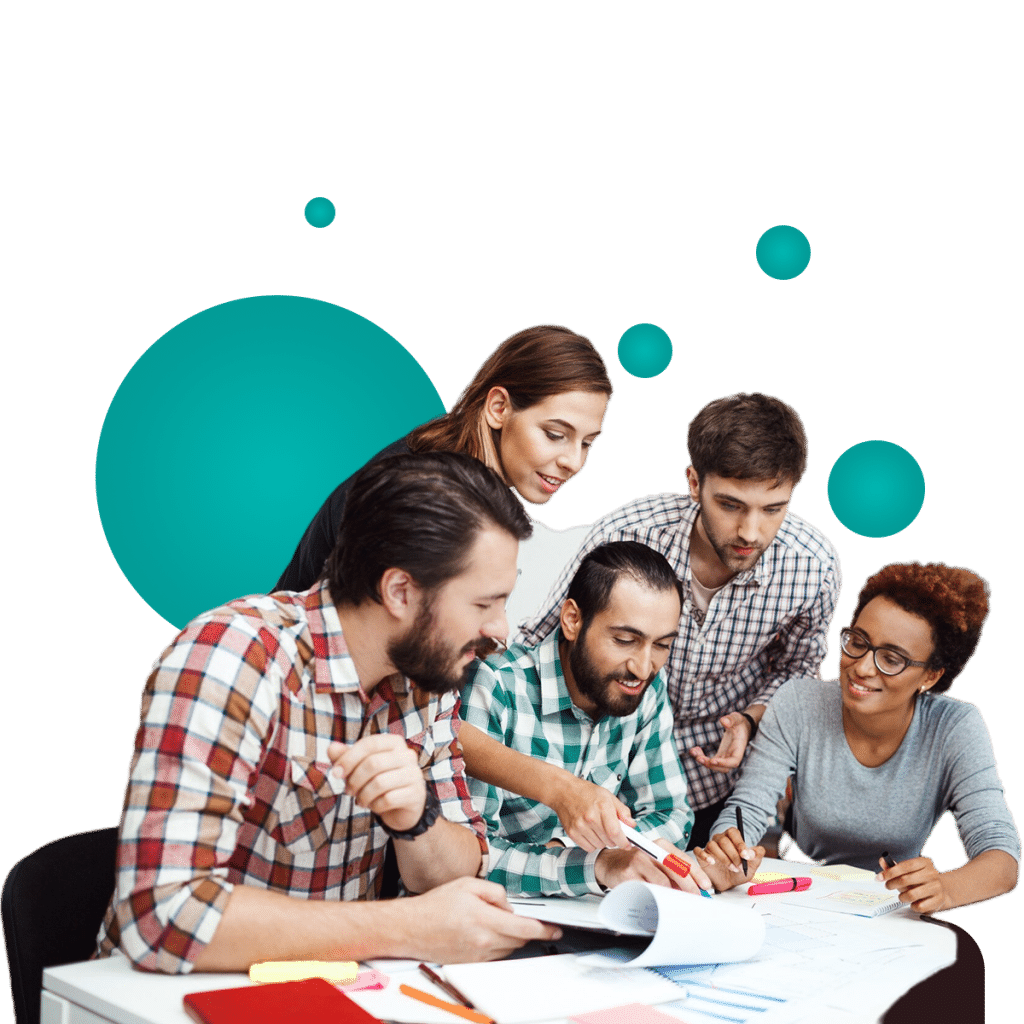 A collaborative group of five individuals actively engaging in teamwork, reviewing documents and using markers, surrounded by teal circular graphics on a light background.