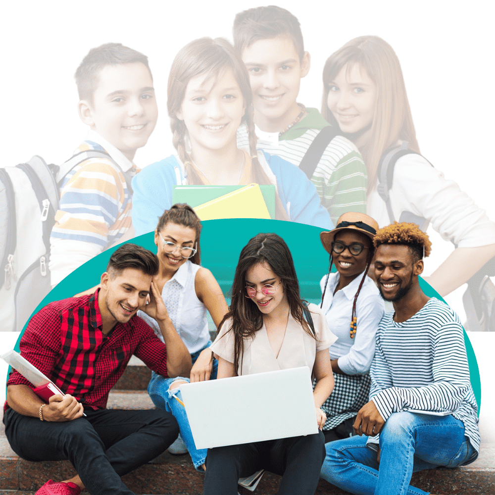 A diverse group of five young adults sitting on steps, working collaboratively on a laptop, with a blurred background of smiling students.