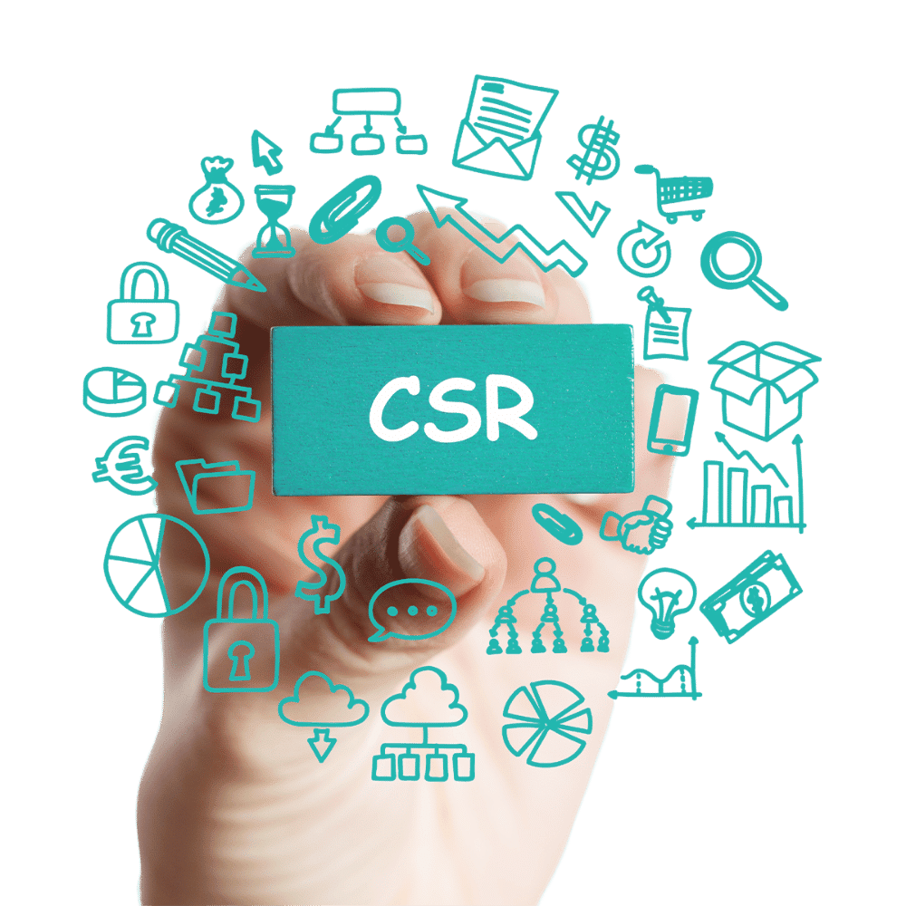 A hand holding a teal block labeled "CSR" surrounded by doodle-style icons representing business elements like money, graphs, email, and teamwork.