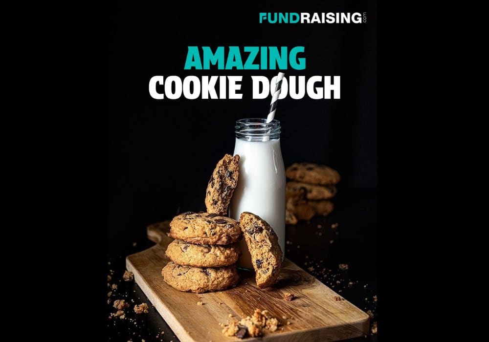 Stack of chocolate chip cookies on a wooden board with a glass of milk, highlighting cookie dough fundraising.