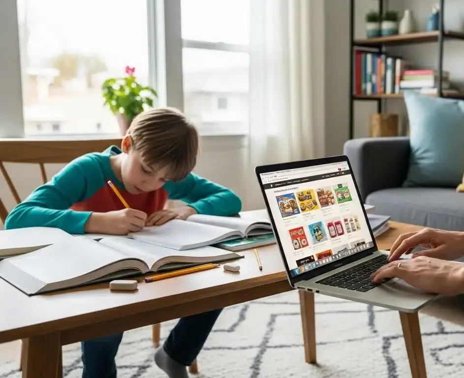 Parent placing an online fundraising catalog order from home on a laptop