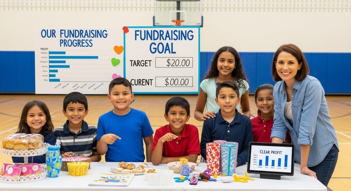 Students and parent reviewing clear profit structure during organized school fundraiser.