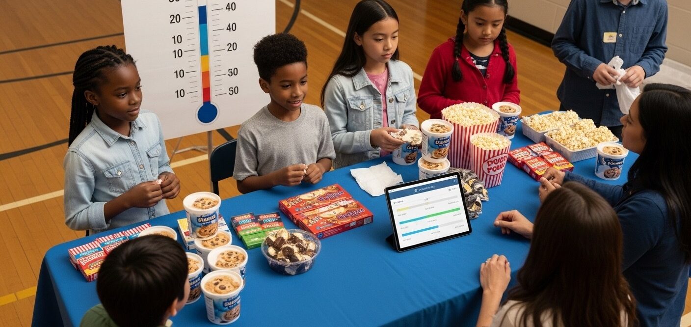 Students running organized school fundraiser with products and digital progress dashboard in gym.
