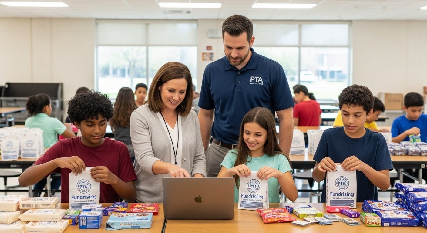 PTA leader and students reviewing organized fundraising progress in school cafeteria.
