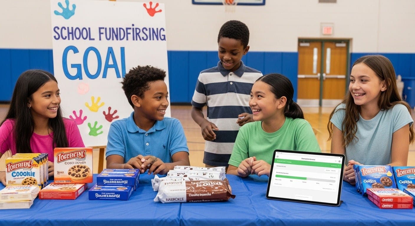 Students running organized school fundraiser with products and digital progress dashboard in gym.