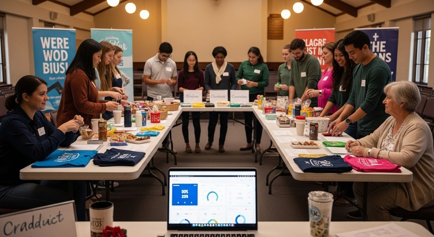 Church youth group organizing product-based fundraiser with digital tracking dashboard.