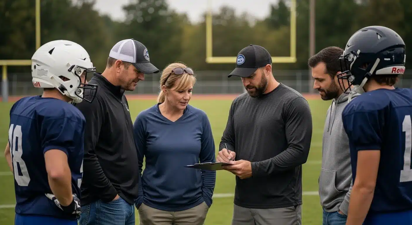 Coach and parents discussing a simple football fundraiser plan on the field