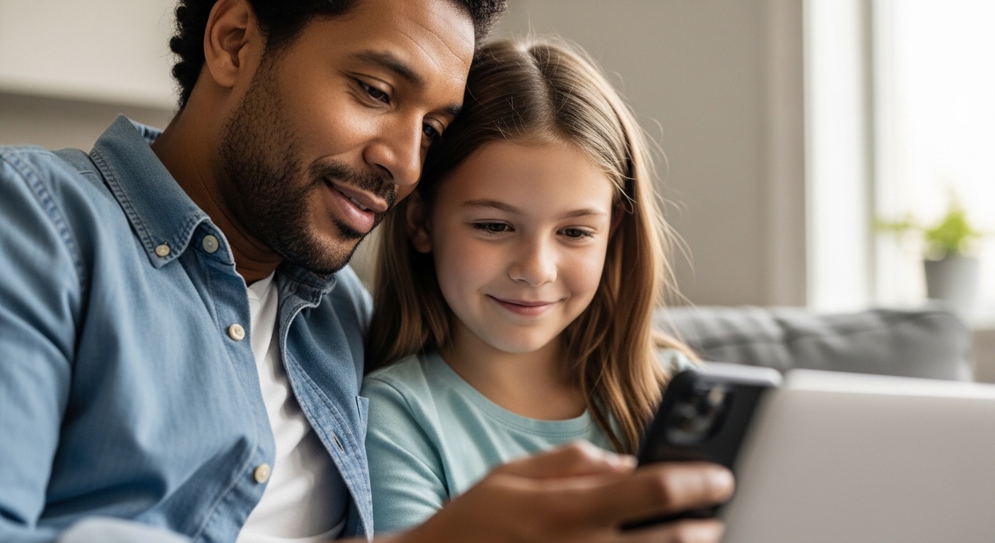 Parent and child viewing fundraiser progress together at home