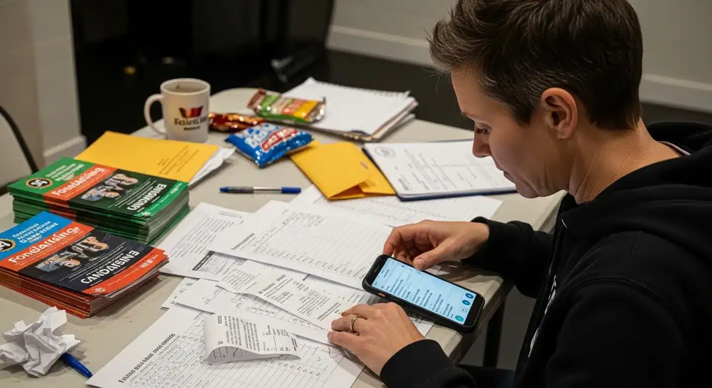 Parent managing basketball fundraiser paperwork and messages at home