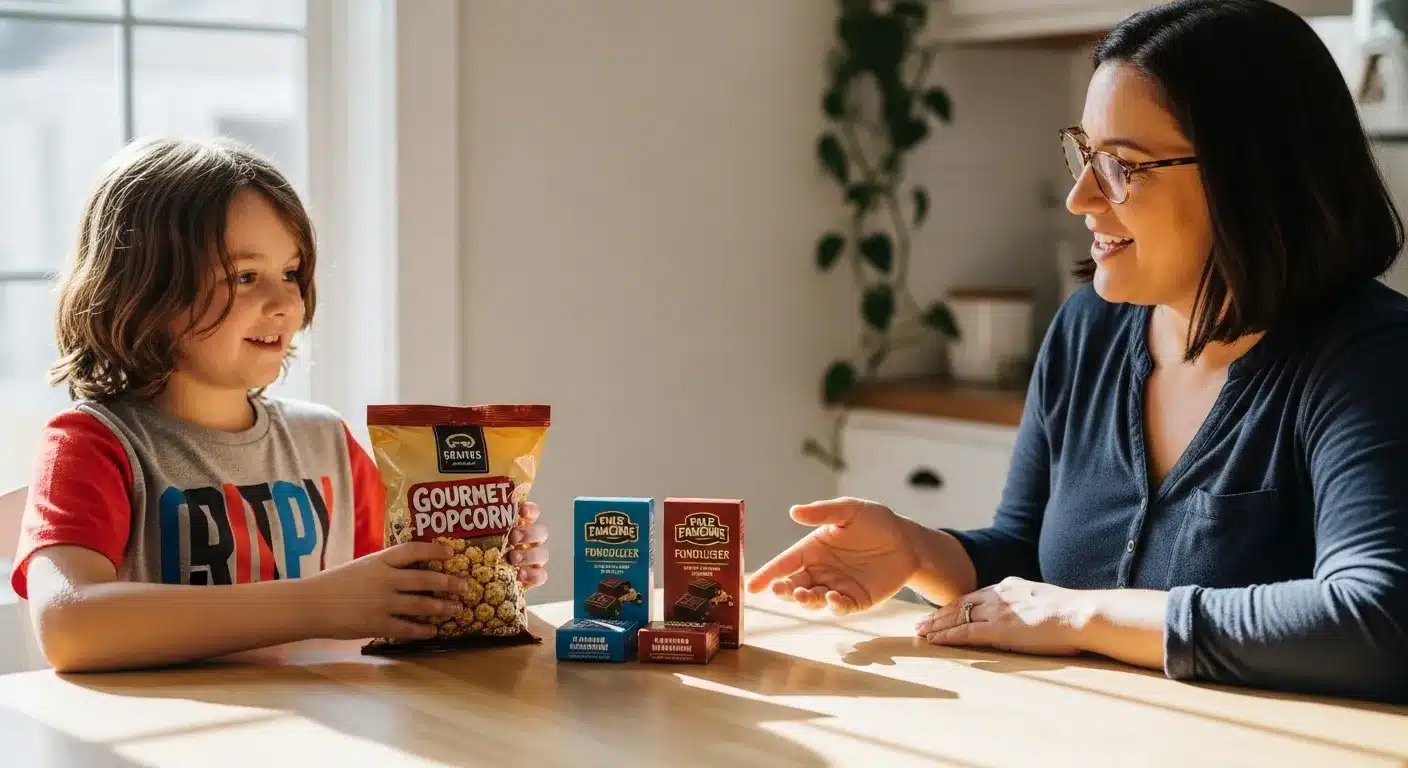 Child showing fundraiser products to parent at kitchen table