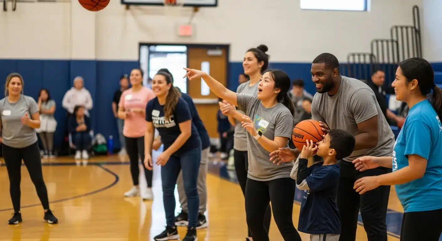 Basketball fundraiser event with players and community in gym