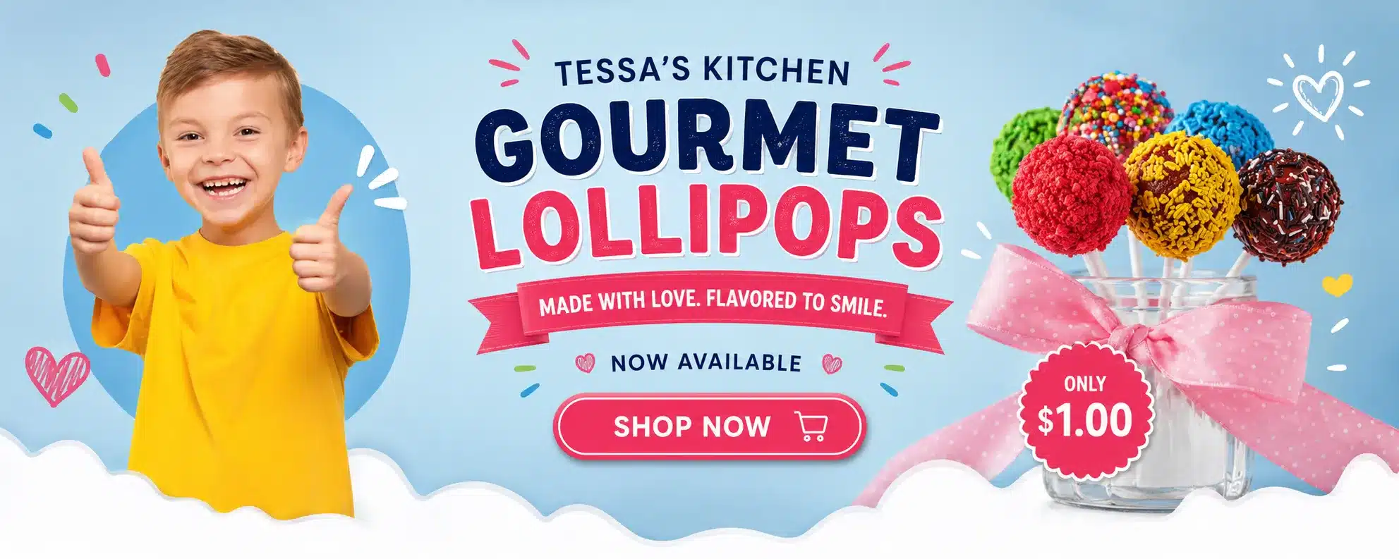 Tessa's Kitchen gourmet lollipops advertisement with happy child and colorful lollipops