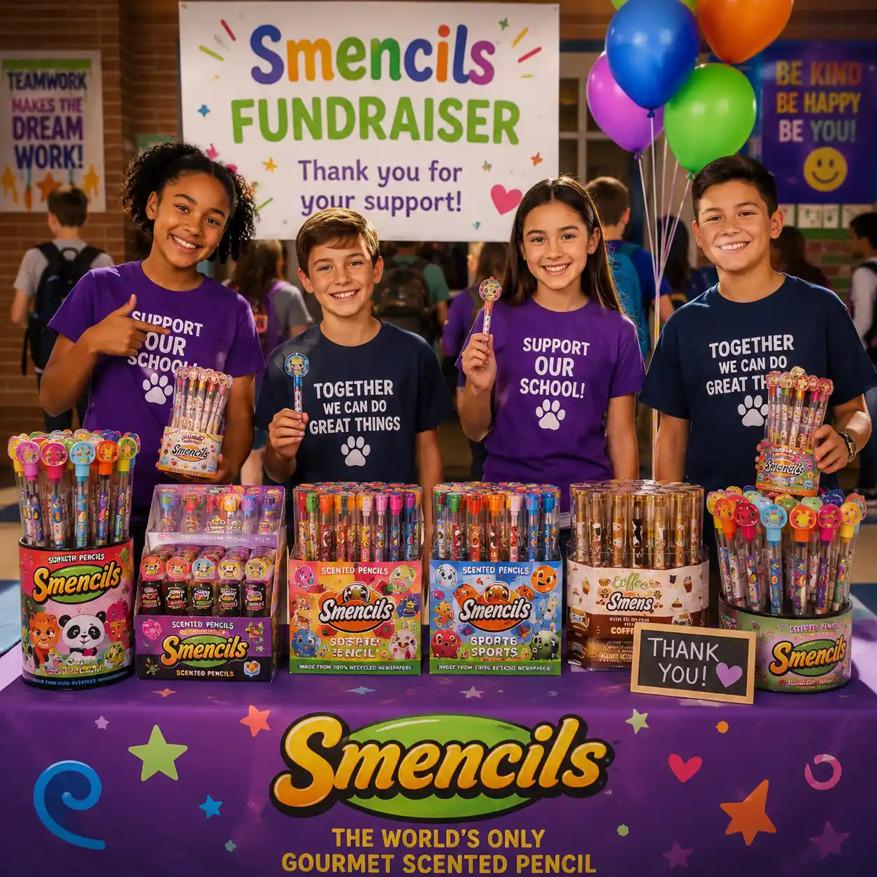 Children at Smencils fundraiser booth displaying scented pencils