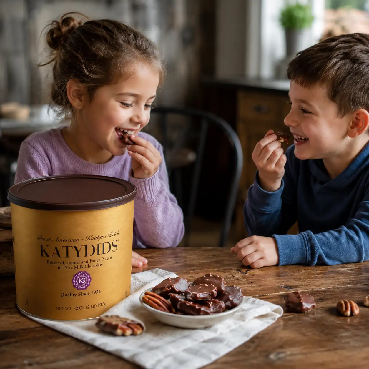 Kids enjoying Katydids chocolate caramel nut clusters