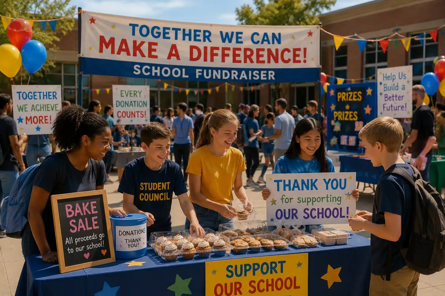 Students, parents, and teachers gathered at an outdoor American school fundraiser with bake sale tables, colorful banners, balloons, and donation booths.