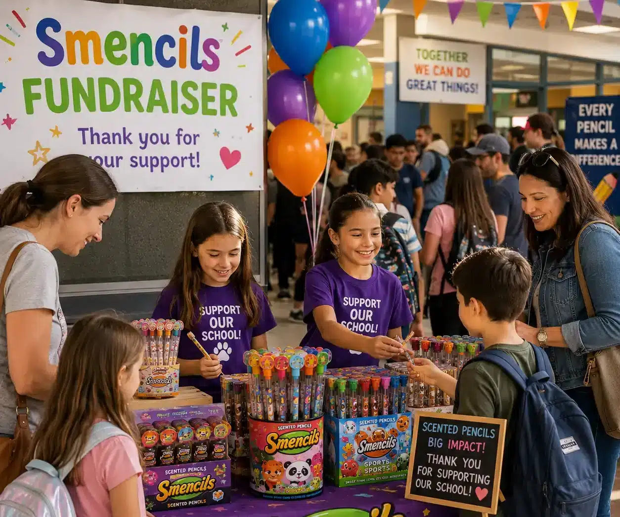 Students and families gathered around a colorful Smencils fundraising booth at a busy school event with scented pencil displays and balloons.