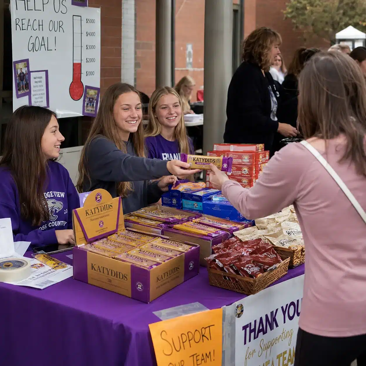 Students selling Katydids chocolate bars and snacks at a busy fundraising table during a community fundraising event.