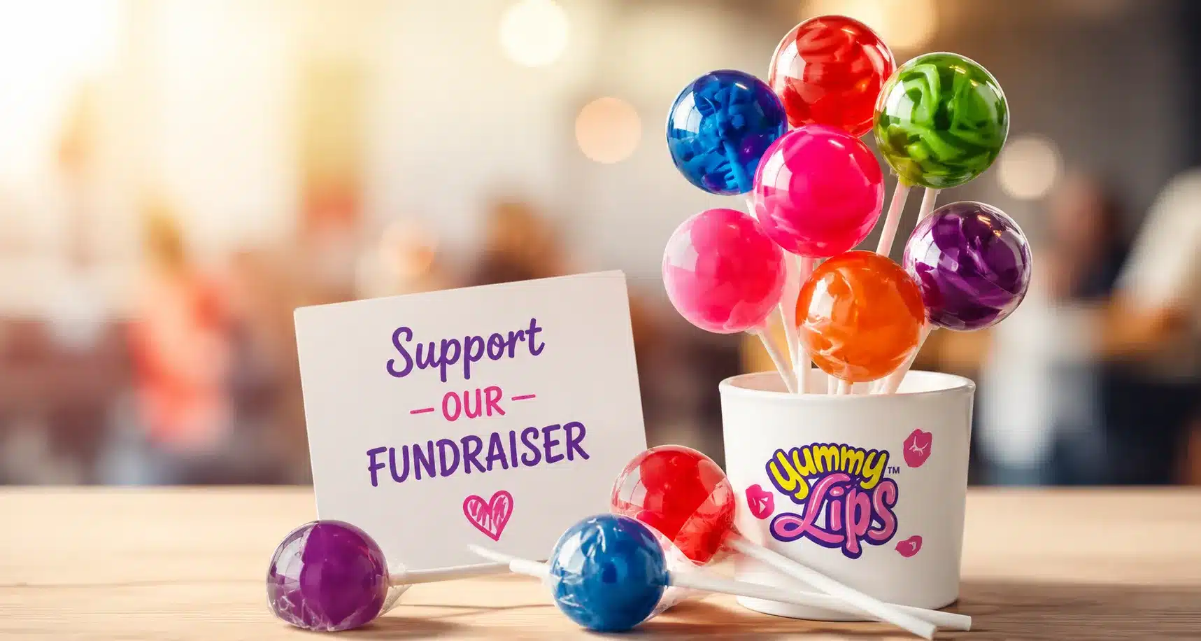 Colorful lollipops in a cup next to a fundraiser support sign