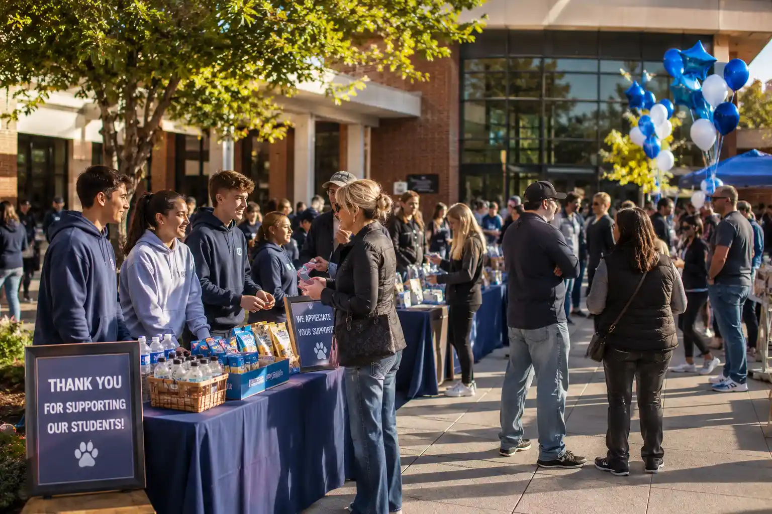 Students and community members interacting at a fundraising event with product booths and supporters gathered outdoors.